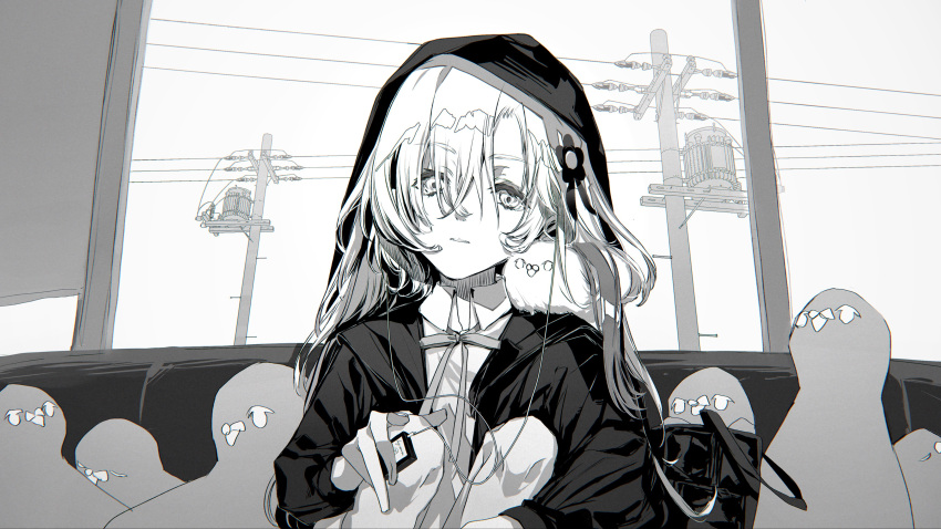 1girl absurdres collared_shirt commentary digital_media_player expressionless hair_between_eyes hair_ornament highres hood hood_up hoodie isekai_joucho isekai_joucho_(artist) kamitsubaki_studio knees_up lag_train_(vocaloid) long_hair looking_at_viewer monochrome multicolored_hair neck_ribbon parted_lips power_lines ribbon seat shirt sitting train_interior transformer two-tone_hair utility_pole virtual_youtuber