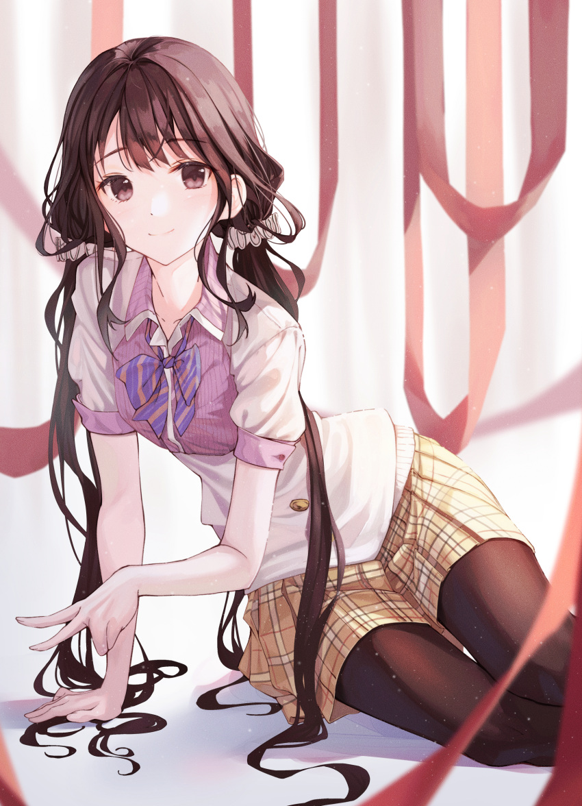 1girl absurdres adagaki_aki arm_support bangs black_hair black_legwear blue_neckwear blurry blush bow breasts brown_skirt collared_shirt commentary eyebrows_visible_through_hair feet_out_of_frame hand_up highres long_hair looking_at_viewer low_twintails masamune-kun_no_revenge on_floor pantyhose pink_shirt plaid plaid_skirt ribbon school_uniform scrunchie shirt short_sleeves siro_joon sitting skirt sleeve_cuffs small_breasts smile solo twintails v very_long_hair violet_eyes white_background white_shirt