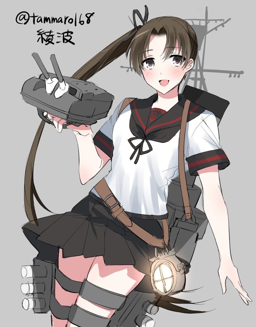 1girl ayanami_(kancolle) bangs black_sailor_collar black_skirt blush brown_hair character_name grey_background hair_ribbon highres kantai_collection long_hair one-hour_drawing_challenge open_mouth pleated_skirt ponytail remodel_(kantai_collection) ribbon sailor_collar school_uniform searchlight serafuku short_sleeves side_ponytail simple_background skirt solo twitter_username very_long_hair yano_tanimachi