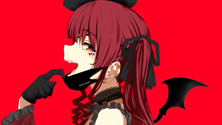 1girl bangs black_choker black_gloves brown_eyes character_name choker ear_piercing eyebrows_visible_through_hair fang frilled_choker frills from_side gloves hair_behind_ear highres hololive houshou_marine mask_pull nikujag96737782 piercing red_background redhead smile solo twintails vampire_(vocaloid) virtual_youtuber