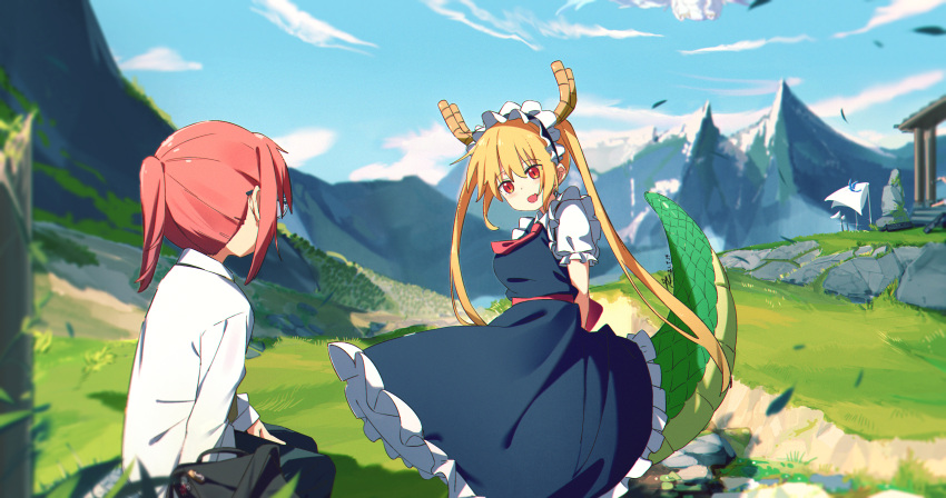 2girls absurdres arms_behind_back bangs black_dress black_pants blue_sky clouds commentary_request day dragon_horns dragon_tail dress eyebrows_visible_through_hair fang field glasses grass highres horns kobayashi-san_chi_no_maidragon kobayashi_(maidragon) leaves_in_wind long_hair long_sleeves looking_at_another maid maid_headdress mountain multiple_girls necktie open_mouth orange_eyes orange_hair outdoors pants petticoat ponytail ppchen red_neckwear redhead shirt sitting skin_fang sky slit_pupils smile standing tail tohru_(maidragon) twintails wallpaper white_shirt