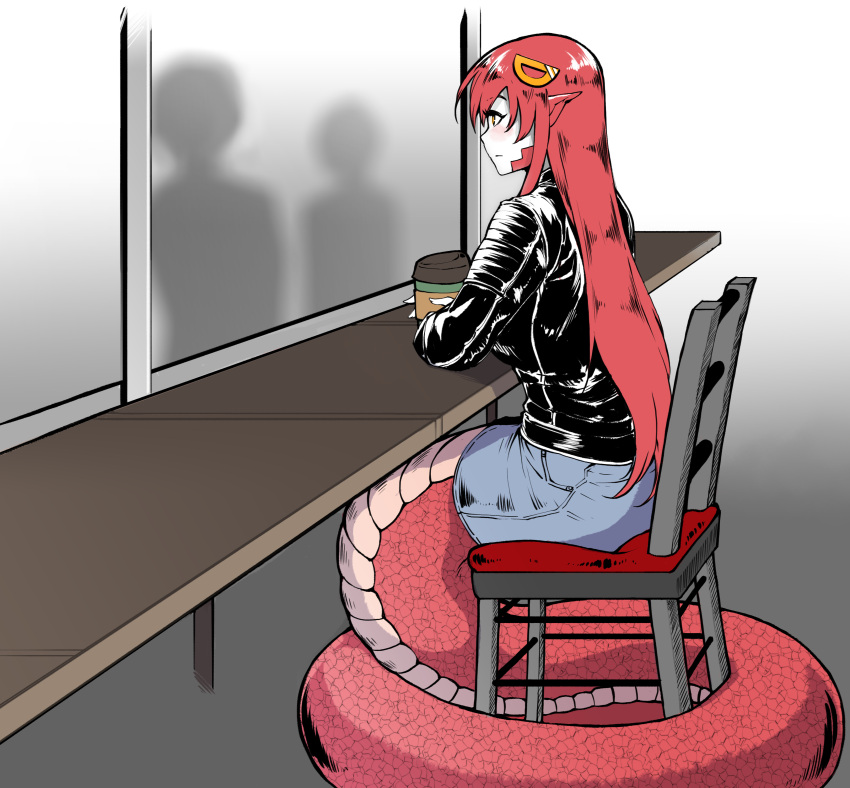 1girl absurdres chair closed_mouth commission commissioner_upload cup denim denim_skirt disposable_cup hair_ornament highres jacket lamia leather leather_jacket long_hair miia_(monster_musume) monster_girl monster_musume_no_iru_nichijou pointy_ears redhead scales scribblesquab simple_background sitting skirt window yellow_eyes