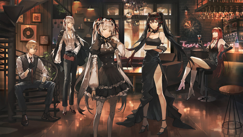 1boy 4girls bar bare_legs bare_shoulders black_coat black_dress black_footwear black_gloves black_hair black_pants boots breasts brown_eyes chandelier character_request coat coat_on_shoulders cocktail_dress crossed_arms dress gloves gradient_hair hair_ornament high_heel_boots high_heels indoors juliet_sleeves kamui_(punishing:_gray_raven) large_breasts lococo:p long_dress long_hair long_sleeves looking_at_viewer lucia_(punishing:_gray_raven) lucia_s_crimson_abyss luna_(punishing:_gray_raven) medium_breasts multicolored_hair multiple_girls pants puffy_sleeves punishing:_gray_raven red_eyes side_slit silver_hair sitting sleeveless sleeveless_dress smile spaghetti_strap spiral_staircase stairs standing streaked_hair thighs twintails very_long_hair x_hair_ornament