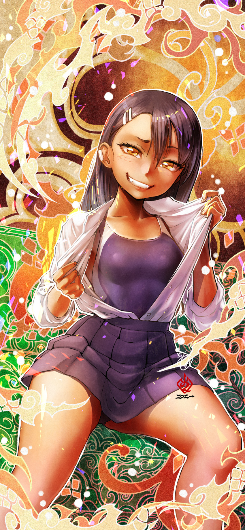 absurdres amaguchi_chiyoko bangs black_hair blue_skirt brown_eyes commentary competition_swimsuit dark-skinned_female dark_skin ear_clip grin hair_between_eyes hair_ornament hairclip highres ijiranaide_nagatoro-san long_hair looking_at_viewer nagatoro_hayase naughty_face one-piece_swimsuit open_clothes open_shirt pleated_skirt raised_eyebrow skirt smile spread_legs swimsuit swimsuit_under_clothes tan undressing