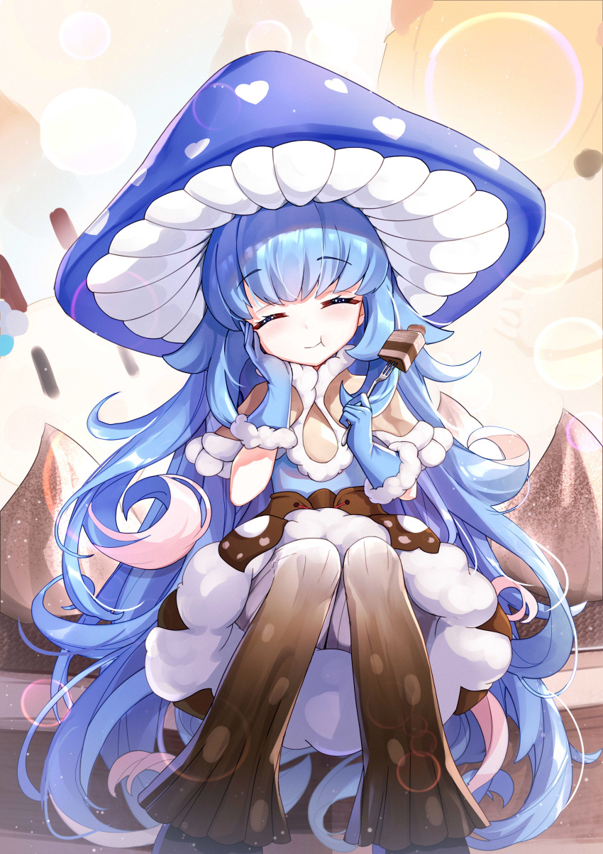 1girl :t absurdres bangs blue_dress blue_gloves blue_hair blush brown_capelet brown_pants cake cake_slice capelet closed_eyes clover_theater colored_inner_hair commentary_request dress eating eyebrows_visible_through_hair facing_viewer feet_out_of_frame food fork fur-trimmed_capelet fur_trim gloves gradient_clothes hand_on_own_cheek hand_on_own_face hands_up highres hochstery_(clover_theater) holding holding_fork ice_cream knees_together_feet_apart long_hair multicolored_hair mushroom_hat pants qianze_chia sitting solo very_long_hair white_hair