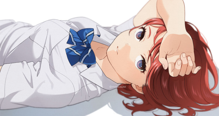 1girl arm_on_head blurry brown_eyes depth_of_field looking_at_viewer lying mattaku_mousuke on_back original parted_lips redhead school_uniform solo watermark white_background