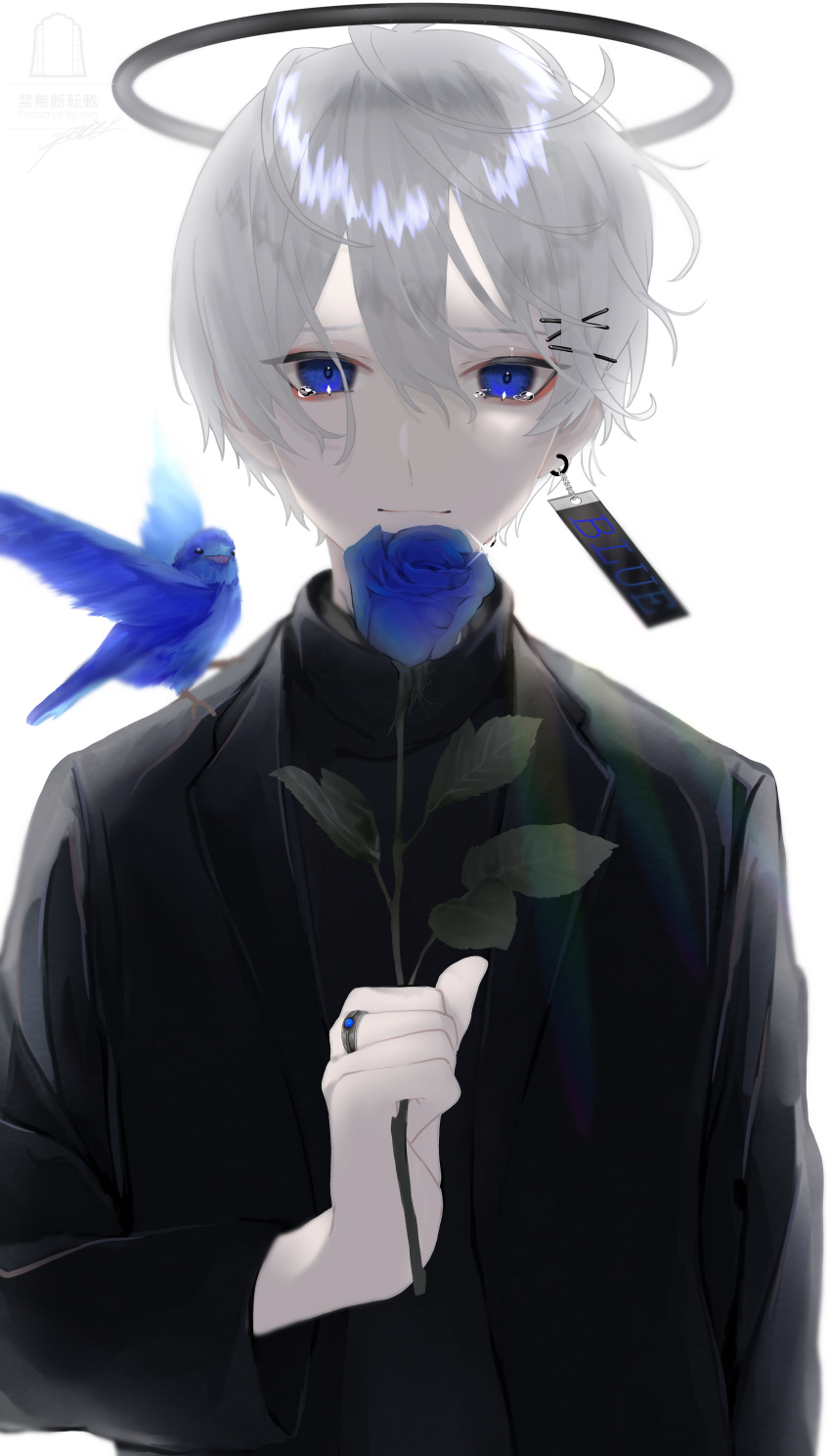 1boy absurdres animal_on_shoulder bird bird_on_shoulder black_shirt blue_bird blue_eyes blue_flower crying crying_with_eyes_open earrings flower grey_hair hair_ornament hairclip halo highres holding holding_flower jewelry katoumio looking_at_viewer male_focus original ring rose shirt tears white_background