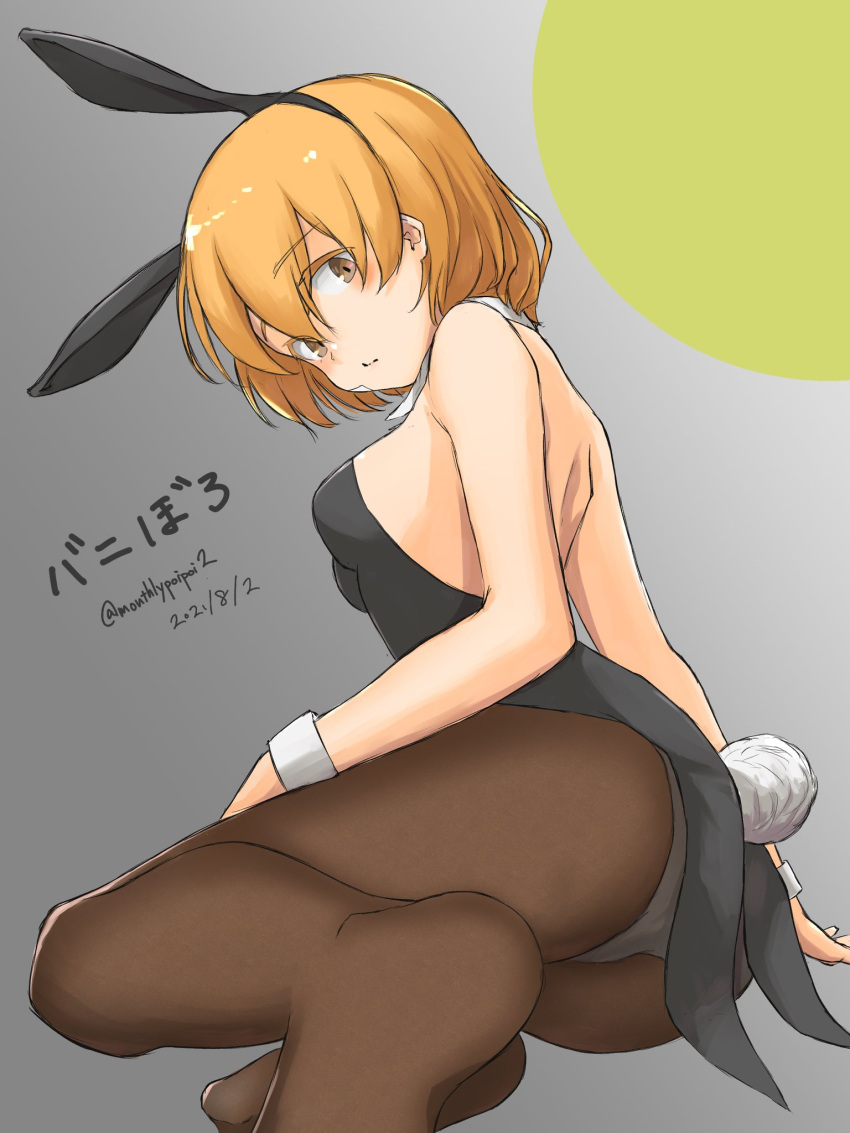 1girl alternate_costume animal_ears ass bandaid bandaid_on_face bare_shoulders black_legwear black_leotard blush bow bowtie breasts brown_hair bunny_day closed_mouth dated detached_collar eyebrows_visible_through_hair fake_animal_ears fake_tail gradient gradient_background grey_background highres kantai_collection leotard lips looking_at_viewer looking_back oboro_(kancolle) orange_hair pantyhose playboy_bunny rabbit_ears rabbit_tail short_hair sitting small_breasts solo strapless strapless_leotard tail tailcoat twitter_username umibudou wrist_cuffs