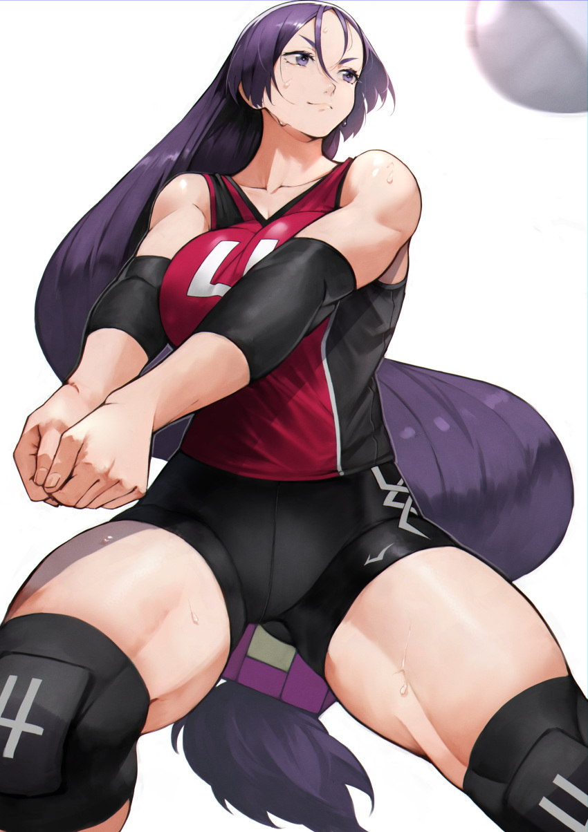 1girl absurdres bangs bare_shoulders breasts elbow_pads fate/grand_order fate_(series) highres knee_pads large_breasts long_hair low-tied_long_hair minamoto_no_raikou_(fate) parted_bangs purple_hair solo sportswear thighs very_long_hair violet_eyes volleyball volleyball_uniform yoshio_(55level)