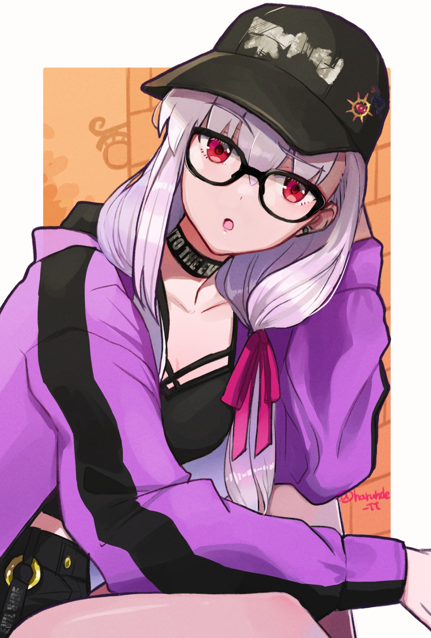 1girl bangs baseball_cap black_camisole black_headwear blush breasts camisole choker collarbone fate/grand_order fate_(series) glasses hair_ribbon haru-hide-rarara hat heroic_spirit_tour_outfit highres hood hooded_jacket jacket kama_(fate) large_breasts long_hair looking_at_viewer low_twintails purple_jacket red_eyes ribbon silver_hair solo twintails