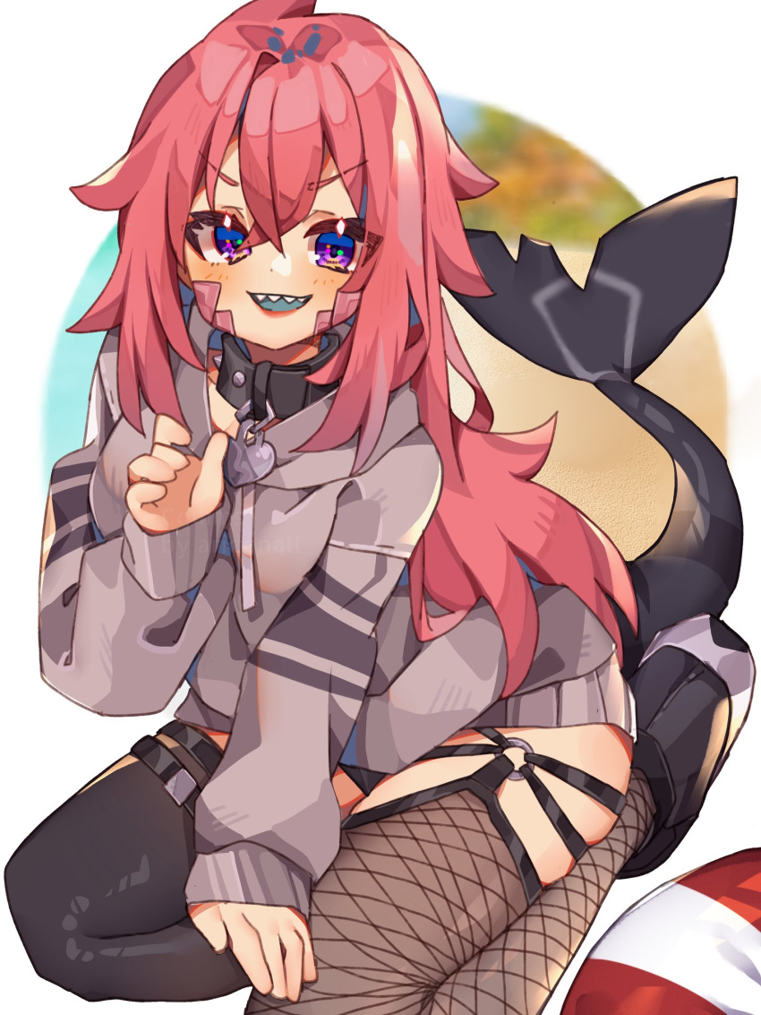 1girl aridonall bangs black_footwear commission english_commentary fish_tail grey_hoodie grey_skirt highres hood hoodie leaning_forward open_hand original pink_hair shark_girl shark_tail sharp_teeth shoes skirt smile sneakers solo tail teeth thigh-highs v-shaped_eyebrows violet_eyes