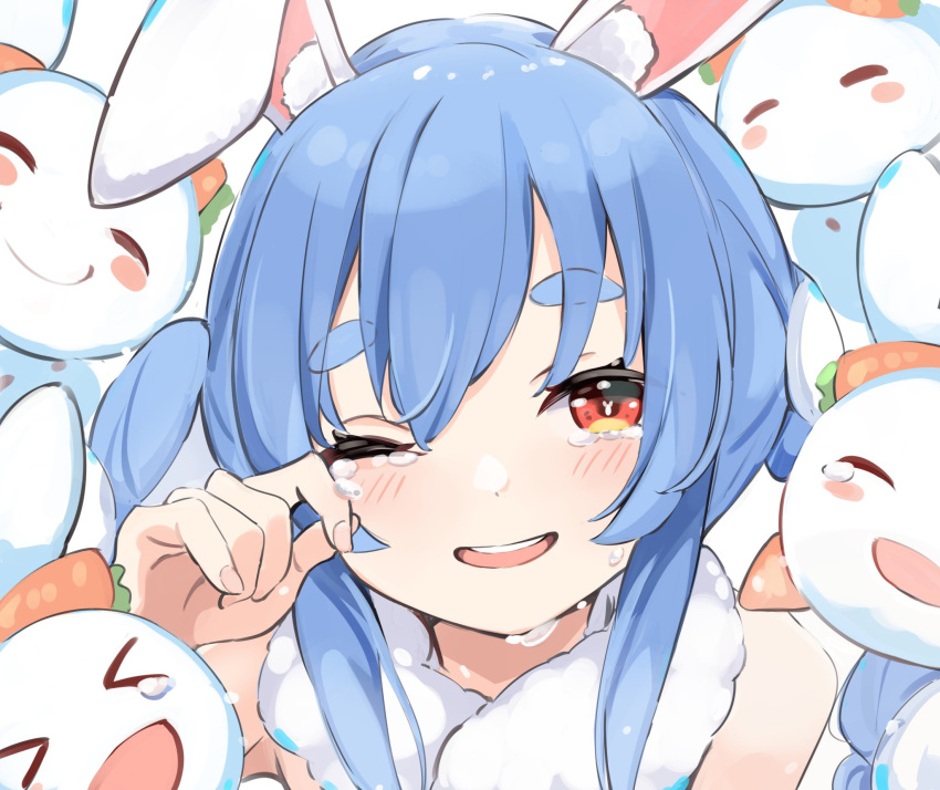 1girl ;d anbasa_(amaneyuz13) animal_ears blue_hair blush braid bunny-shaped_pupils carrot_hair_ornament creature crying fingernails food-themed_hair_ornament hair_ornament happy_tears highres hololive long_hair looking_at_viewer one_eye_closed open_mouth orange_eyes pekodam portrait rabbit rabbit_ears rabbit_girl short_eyebrows smile solo tears thick_eyebrows twin_braids twintails usada_pekora virtual_youtuber wiping_tears