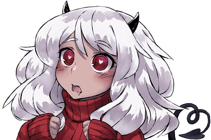 1girl black_horns blush demon_girl demon_horns demon_tail fang hands_up haraya_manawari heart heart-shaped_pupils heart_tail helltaker horns long_hair long_sleeves looking_at_viewer modeus_(helltaker) open_mouth red_eyes red_sweater ribbed_sweater silver_hair simple_background solo sweater symbol-shaped_pupils tail turtleneck upper_body white_background white_hair