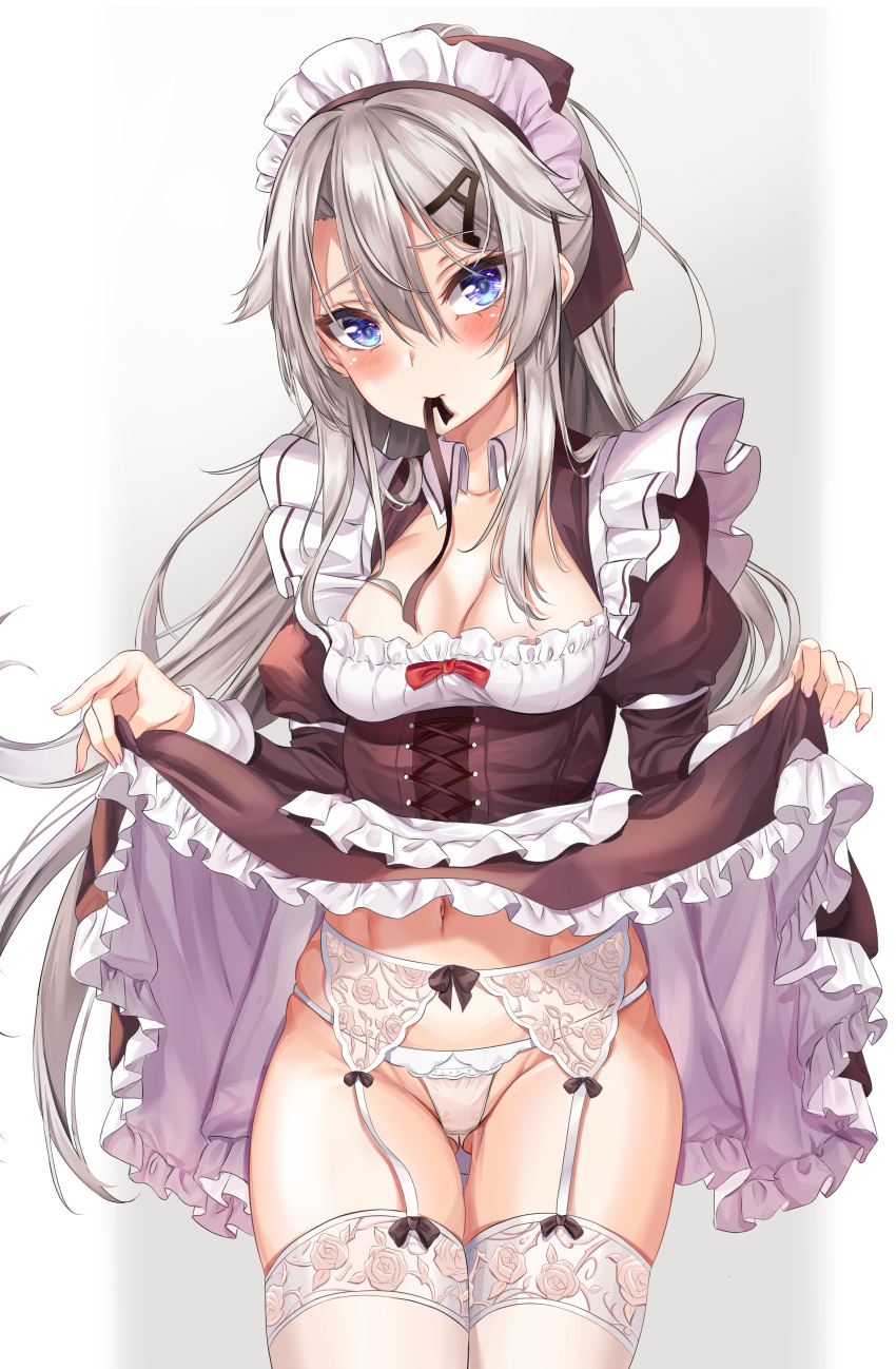 1girl 9a-91_(girls_frontline) absurdres apron blue_eyes breasts clothes_lift dress dress_lift frilled_apron frills garter_belt girls_frontline highres juliet_sleeves lifted_by_self long_hair long_sleeves maid maid_headdress official_alternate_costume panties ponytail puffy_sleeves silver_hair small_breasts so_myeolchi solo underwear waist_apron white_apron white_legwear white_panties