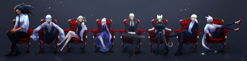 absurdres asclepius_(fate) atalanta_(fate) black_hair blonde_hair blue_eyes caenis_(fate) castor_(fate) crossed_legs dark_background fate/grand_order fate_(series) formal green_hair heracles_(fate) highres incredibly_absurdres jason_(fate) long_image medea_(lily)_(fate) multiple_boys multiple_girls pollux_(fate) purple_hair shin'ya_(yukiura) siblings sitting twins twintails white_hair wide_image