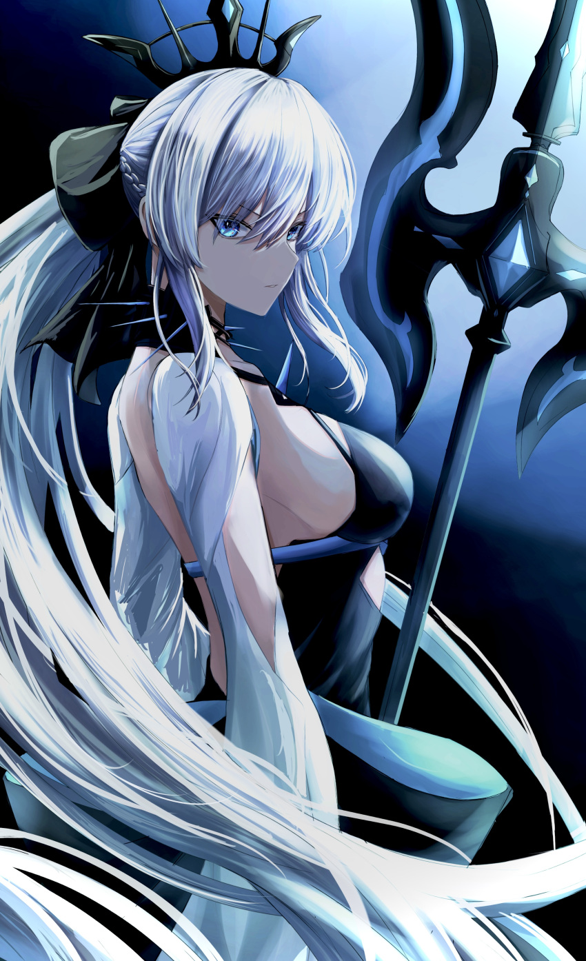 1girl absurdres black_bow black_dress bow braid breasts dress fate/grand_order fate_(series) french_braid highres holding holding_staff light_blue_eyes long_hair looking_at_viewer looking_back medium_breasts morgan_le_fay_(fate) platinum_blonde_hair ponytail sideboob solo staff two-tone_dress yagi_(yagi5art)