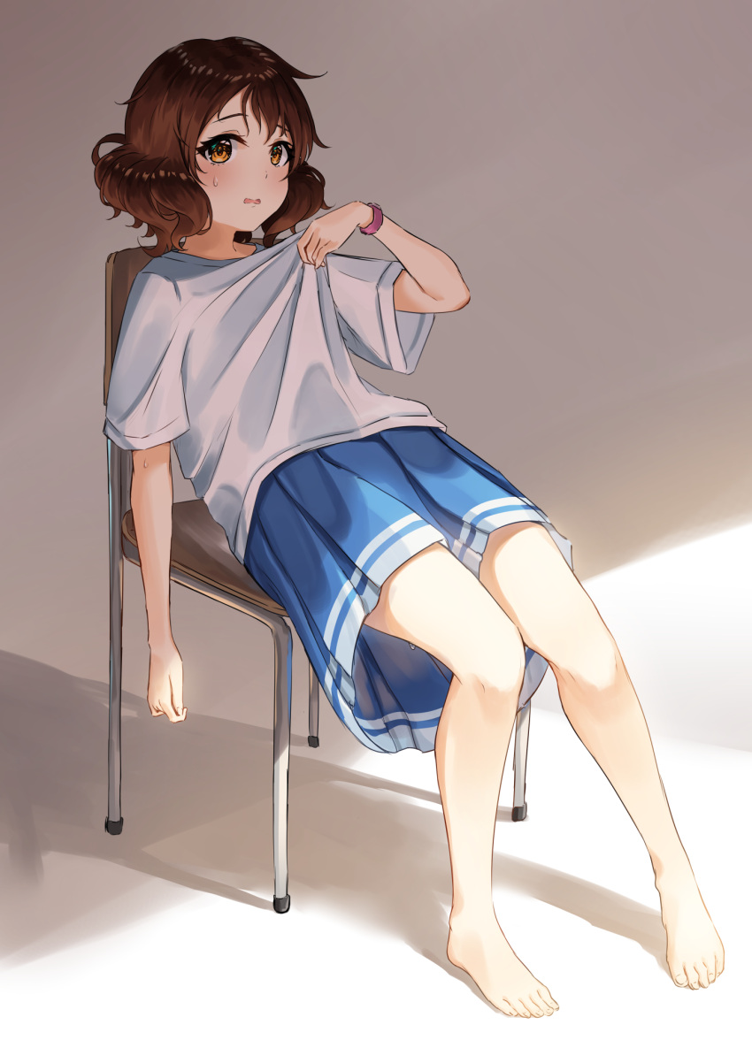 1girl adjusting_clothes barefoot blue_skirt blush brown_eyes brown_hair chair feet h-appa hand_up hibike!_euphonium highres looking_at_viewer open_mouth oumae_kumiko pleated_skirt shirt short_hair short_sleeves sitting skirt solo sweat t-shirt toes watch white_shirt