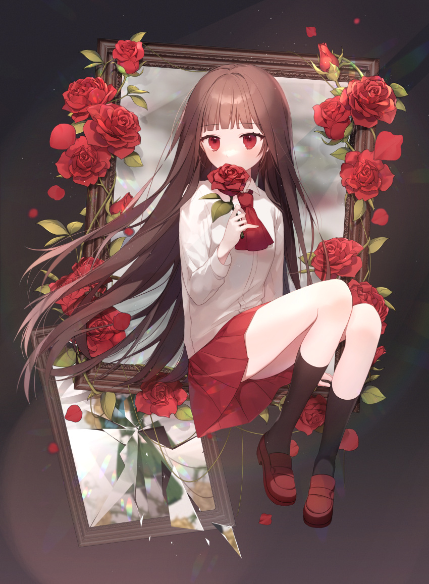 1girl absurdres bangs blunt_bangs broken_glass collared_shirt eyebrows_visible_through_hair floating_hair flower glass glass_shards highres holding holding_flower huge_filesize ib ib_(ib) loafers long_hair long_sleeves moffle_(ayabi) necktie painting_(object) petals picture_frame red_eyes red_flower red_footwear red_neckwear red_rose red_skirt rose rose_petals shirt shoes short_necktie skirt socks solo straight_hair white_shirt