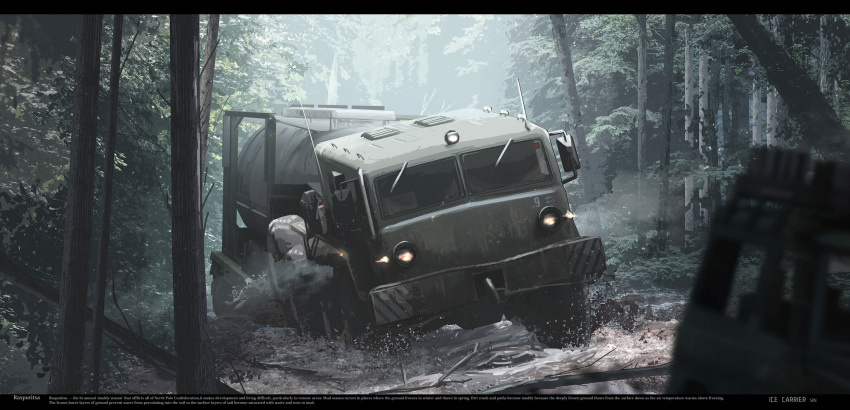 commentary_request english_text forest ground_vehicle haguruma_c highres letterboxed motor_vehicle mud nature no_humans original scenery tree vehicle_focus vehicle_request