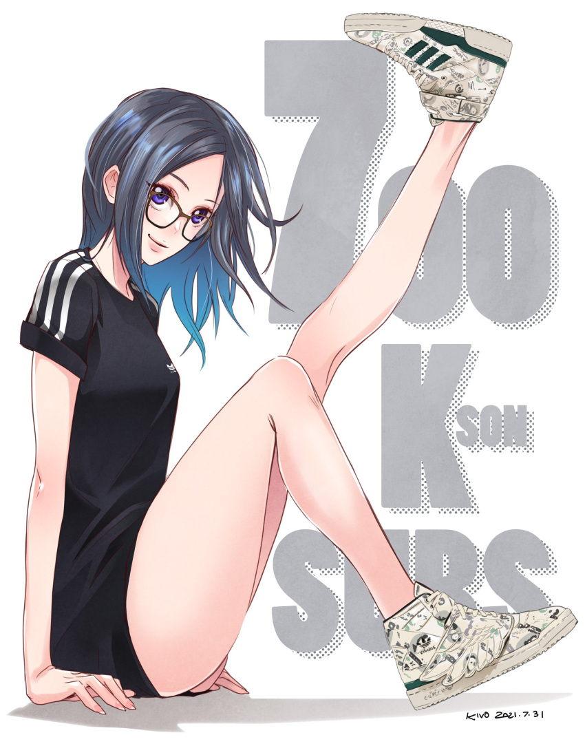 1girl artist_name black_hair blue_eyes dated from_side full_body glasses highres kivo kson leg_up real_life shirt shoes signature sitting smile sneakers solo t-shirt