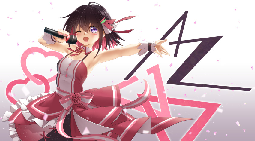 1girl ;d ahoge armpits azki_(hololive) bangs bare_shoulders black_hair blush breasts collar commentary_request detached_collar dress eyebrows_visible_through_hair flower gradient gradient_background grey_background hair_between_eyes heart highres holding holding_microphone hololive looking_at_viewer microphone mizunashi_(second_run) multicolored_hair neck_ribbon one_eye_closed open_mouth outstretched_arm petals red_dress red_flower red_ribbon redhead ribbon small_breasts smile solo two-tone_hair violet_eyes virtual_youtuber white_background white_collar wing_collar wrist_cuffs