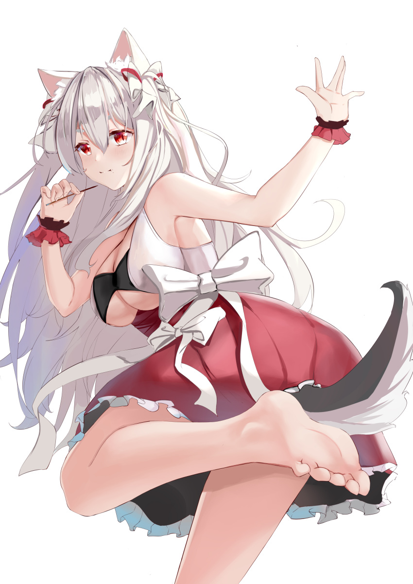 1girl absurdres animal_ear_fluff azur_lane ban_tang bow breasts from_behind hair_bow highres large_breasts leg_up long_hair looking_at_viewer looking_back red_eyes red_skirt simple_background skirt solo tail white_background white_bow white_hair wrist_cuffs yuudachi_(azur_lane)