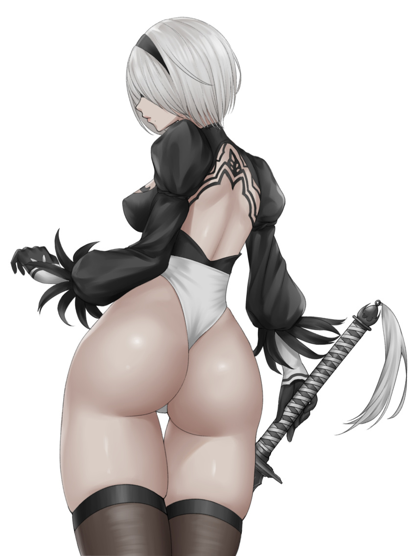 1girl ass bangs blindfold breasts closed_mouth commentary_request feather_trim from_behind gloves hair_ornament hairband highleg highleg_leotard highres holding holding_sword holding_weapon leotard lips long_sleeves medium_breasts mole mole_under_mouth nier_(series) nier_automata nyatokanyaru puffy_sleeves revision shiny shiny_skin short_hair simple_background solo sword thigh-highs thighs weapon white_background white_hair yorha_no._2_type_b