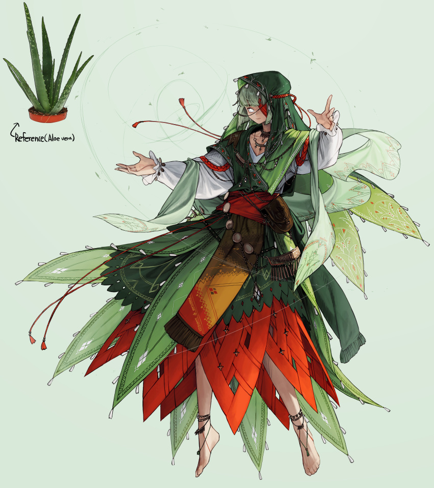 absurdres aloe_(plant) arms_up bangs barefoot blunt_bangs dress full_body gender_request green_background green_hair highres hood hood_up jewelry long_sleeves necklace one_eye_covered original personification rinotuna shirt short_hair solo white_eyes white_shirt