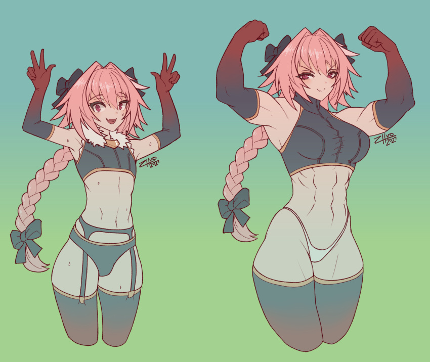 1boy 1girl :d abs absurdres armpits arms_up astolfo_(fate) black_legwear braid braided_ponytail bulge clenched_hands closed_mouth crop_top double_w dual_persona fang fate/apocrypha fate_(series) genderswap genderswap_(mtf) gradient gradient_background highres long_hair muscular muscular_female navel open_mouth otoko_no_ko panties pink_hair red_eyes signature simple_background skin_fang smile sweatdrop thigh-highs underwear v-shaped_eyebrows very_long_hair w white_panties zhvo