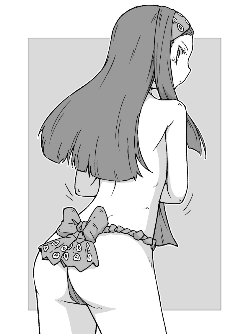 1girl absurdres ass back blunt_ends closed_mouth commentary cowboy_shot from_behind fundoshi girls_und_panzer greyscale headband highres japanese_clothes leaning_forward long_hair looking_at_viewer looking_back monochrome motion_lines outside_border renshiu saemonza_(girls_und_panzer) solo standing straight_hair topless underwear underwear_only