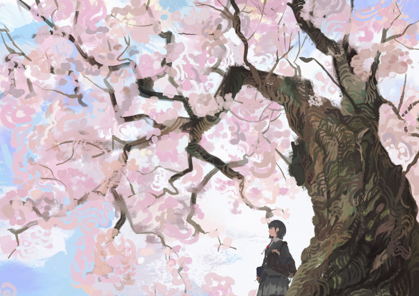 1girl absurdres bag black_hair black_jacket blue_sky cherry_blossoms commentary_request grey_skirt highres jacket katakai original scenery school_bag school_uniform short_hair shoulder_bag skirt sky solo tree wide_shot