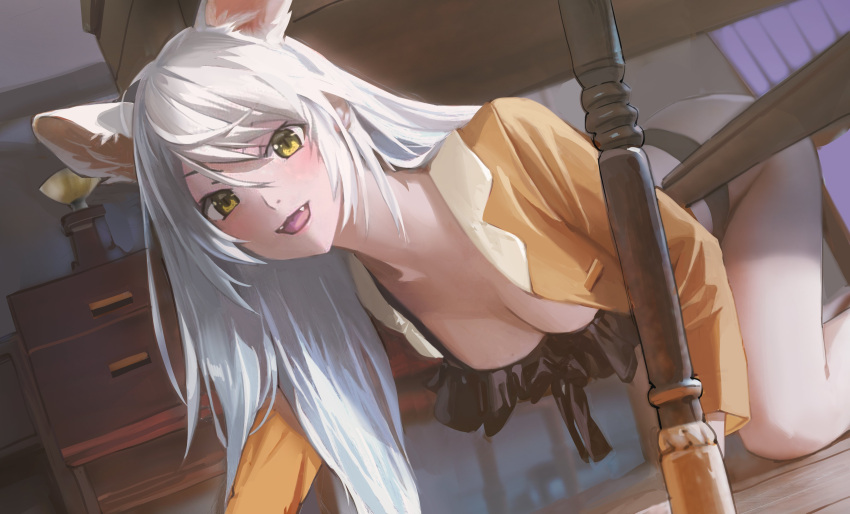 1girl :d absurdres all_fours animal_ears bakemonogatari bakeneko bangs black_bra black_hanekawa black_panties bra breasts butter_squid cat_ears crawling fangs hair_between_eyes hanekawa_tsubasa highres large_breasts long_hair looking_at_viewer monogatari_(series) nekomonogatari no_pants open_mouth pajamas panties smile solo tongue tongue_out under_table underwear white_hair yellow_eyes