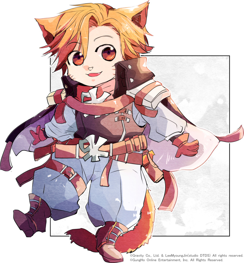 1boy asymmetrical_hair bangs belt black_jacket blonde_hair boots brown_belt brown_footwear brown_gloves chibi commentary_request facial_mark full_body gloves highres jacket kemonomimi_mode looking_at_viewer lucky_(ragnarok_online) open_mouth pants pouch ragnarok_online rebellion_(ragnarok_online) shintaro_(kikudukihajime) shirt short_hair solo whisker_markings white_pants white_shirt