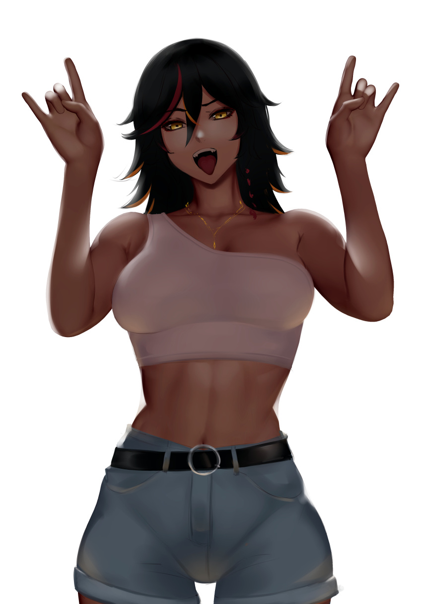 1girl abs absurdres alternate_costume alternate_hairstyle belt belt_buckle black_belt black_hair breasts buckle casual dark-skinned_female dark_skin denim denim_shorts fangs genshin_impact hair_down high-waist_shorts highres jewelry large_breasts looking_at_viewer multicolored_hair navel necklace orange_hair redhead shorts single_strap streaked_hair tank_top tongue tongue_out white_tank_top xinyan_(genshin_impact) zaki_(zaki_btw)