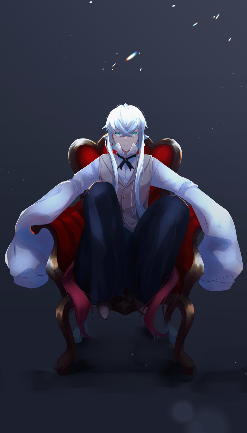 1boy absurdres asclepius_(fate) fate/grand_order fate_(series) formal green_eyes highres long_hair looking_at_viewer oversized_clothes shin'ya_(yukiura) white_hair