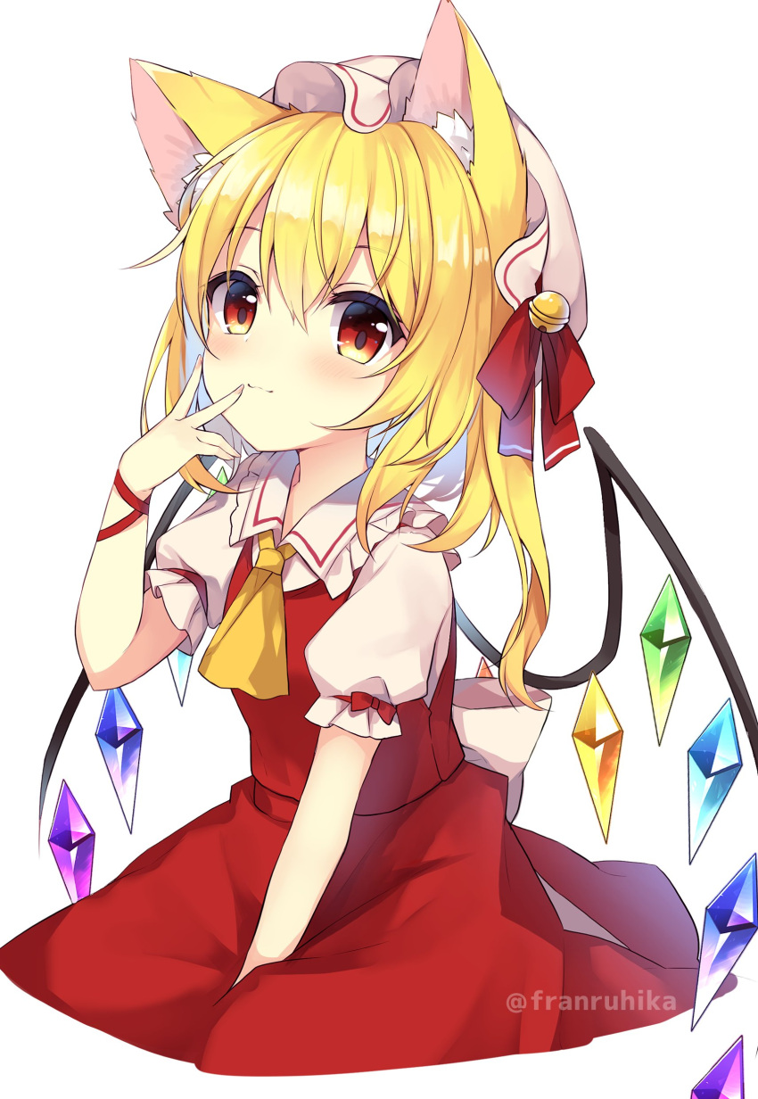 1girl absurdres animal_ears arm_ribbon artist_name bangs bell blonde_hair bow cat_ears closed_mouth collar crystal dress eyebrows_visible_through_hair flandre_scarlet hair_between_eyes hand_up hat hat_ribbon highres jewelry mob_cap multicolored multicolored_wings one_side_up puffy_short_sleeves puffy_sleeves red_bow red_dress red_eyes red_ribbon ribbon ruhika shirt short_hair short_sleeves simple_background smile solo touhou twitter_username white_background white_bow white_headwear white_shirt wings yellow_neckwear