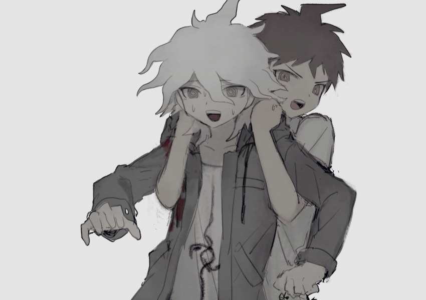 2boys :d collarbone commentary_request crazy_eyes dangan_ronpa_(series) dangan_ronpa_2:_goodbye_despair denri grey_background greyscale highres hinata_hajime holding_another jacket komaeda_nagito long_sleeves looking_at_viewer male_focus messy_hair monochrome multiple_boys open_clothes open_jacket open_mouth print_shirt shirt short_hair simple_background sketch smile upper_body