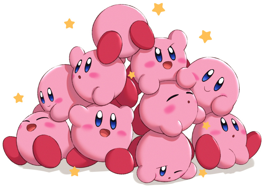 blue_eyes blush_stickers closed_eyes closed_mouth dogpile furrowed_brow gonzarez hand_up happy highres kirby kirby_(series) looking_at_another looking_at_viewer looking_up open_mouth smile star_(symbol) tired