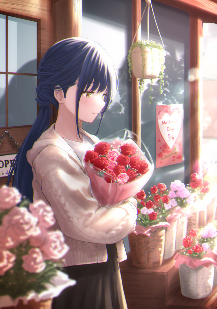 1girl blue_hair blush bouquet display flower from_side highres holding holding_bouquet long_hair mother's_day original plant ponytail potted_plant rose solo storefront sweater yellow_eyes yukimaru_ai