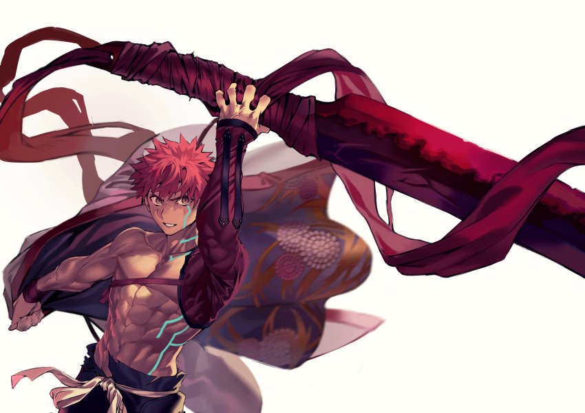 1boy absurdres bandages emiya_shirou fate/grand_order fate/stay_night fate_(series) glowing_lines heaven's_feel highres hiro_(hirohiro_gorira) holding holding_sword holding_weapon huge_weapon igote magic_circuit male_focus orange_eyes orange_hair pectorals senji_muramasa_(fate) shirtless single_bare_shoulder solo sword toned toned_male weapon white_background yellow_eyes