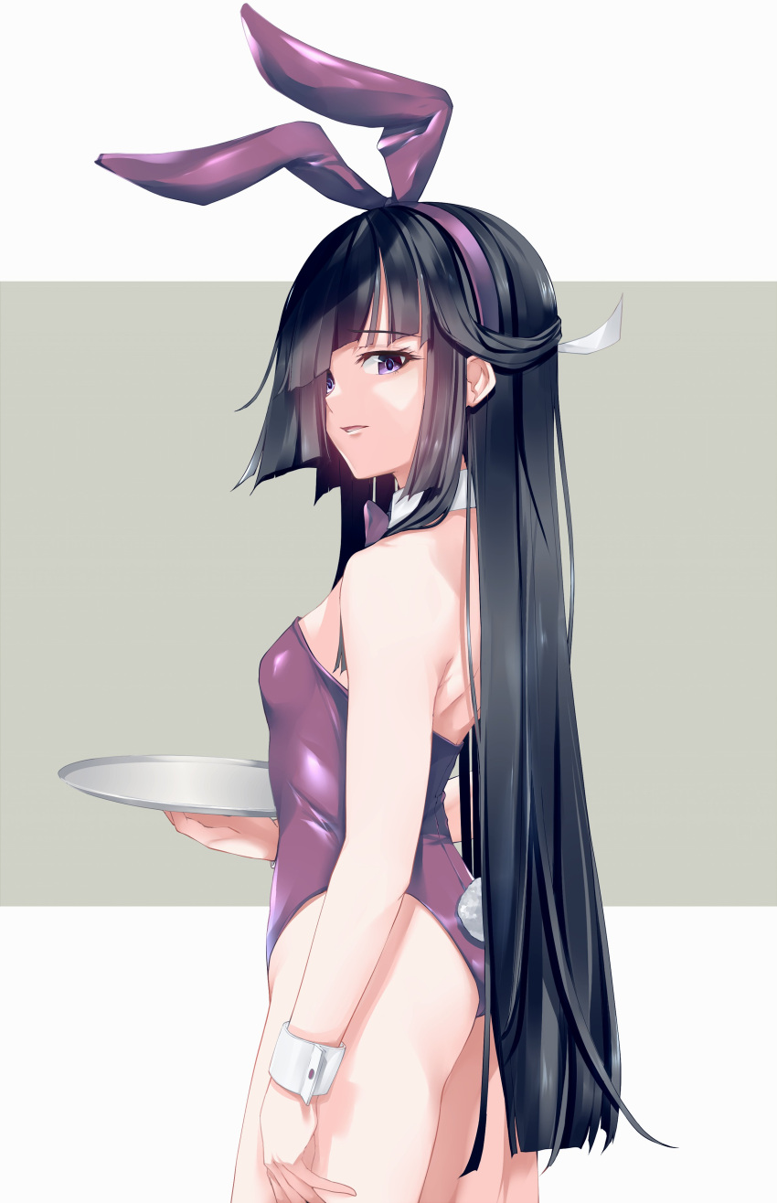 001machi 1girl absurdres animal_ears bangs black_hair blunt_bangs bow bowtie breasts brown_eyes cowboy_shot detached_collar grey_background hair_over_one_eye hayashimo_(kancolle) highres kantai_collection leotard long_hair playboy_bunny purple_leotard purple_neckwear rabbit_ears rabbit_tail small_breasts solo standing strapless strapless_leotard tail tray two-tone_background very_long_hair white_background wrist_cuffs