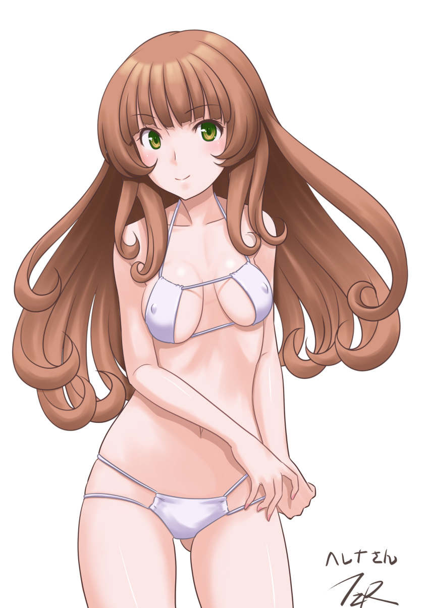 1girl artist_logo bangs bikini blunt_bangs breasts brown_hair character_name commentary_request green_eyes helena_(kancolle) highres kantai_collection long_hair looking_at_viewer simple_background small_breasts solo swimsuit t2r white_background white_bikini