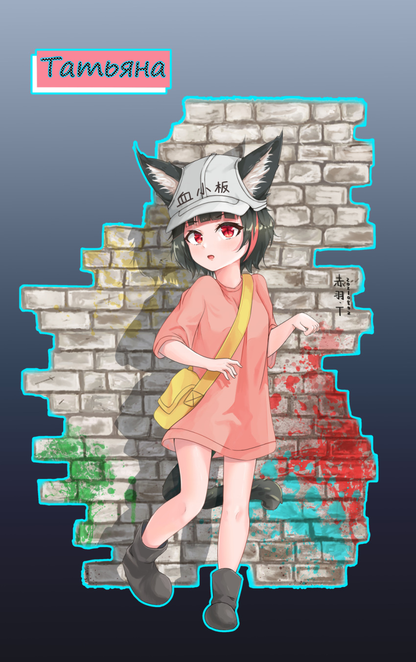 1girl animal_ear_fluff animal_ears bag baseball_cap black_footwear black_hair boots brick_wall cat_ears cat_girl cat_tail chinese_commentary commentary_request full_body grey_headwear hat hataraku_saibou highres legs mixed-language_commentary no_pants open_mouth oversized_clothes oversized_shirt paw_pose pink_shirt platelet_(hataraku_saibou) red_eyes shirt short_hair short_sleeves slit_pupils solo tail takasi.bingjun