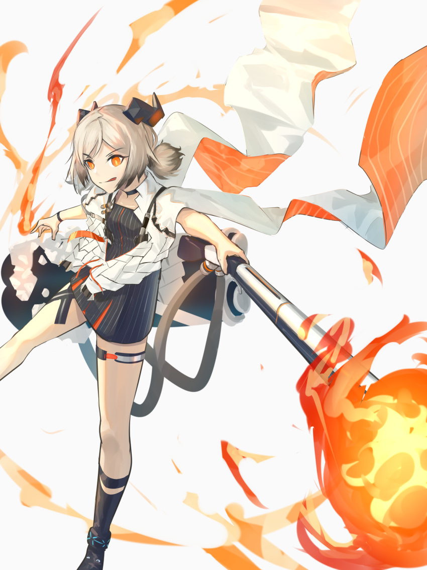 1girl :q arknights bangs black_footwear blonde_hair boots breasts canister choker cloak dress eyebrows_visible_through_hair fire flamethrower flat_chest foot_out_of_frame gas_tank gradient_hair grey_dress grey_hair gun hand_up highres holding holding_gun holding_weapon horns ifrit_(arknights) infection_monitor_(arknights) leg_strap looking_at_viewer low_twintails multicolored_hair orange_eyes parted_bangs short_dress sidelocks solo striped striped_dress tail thigh_strap toeless_footwear tongue tongue_out twintails wagachop weapon white_background white_cloak