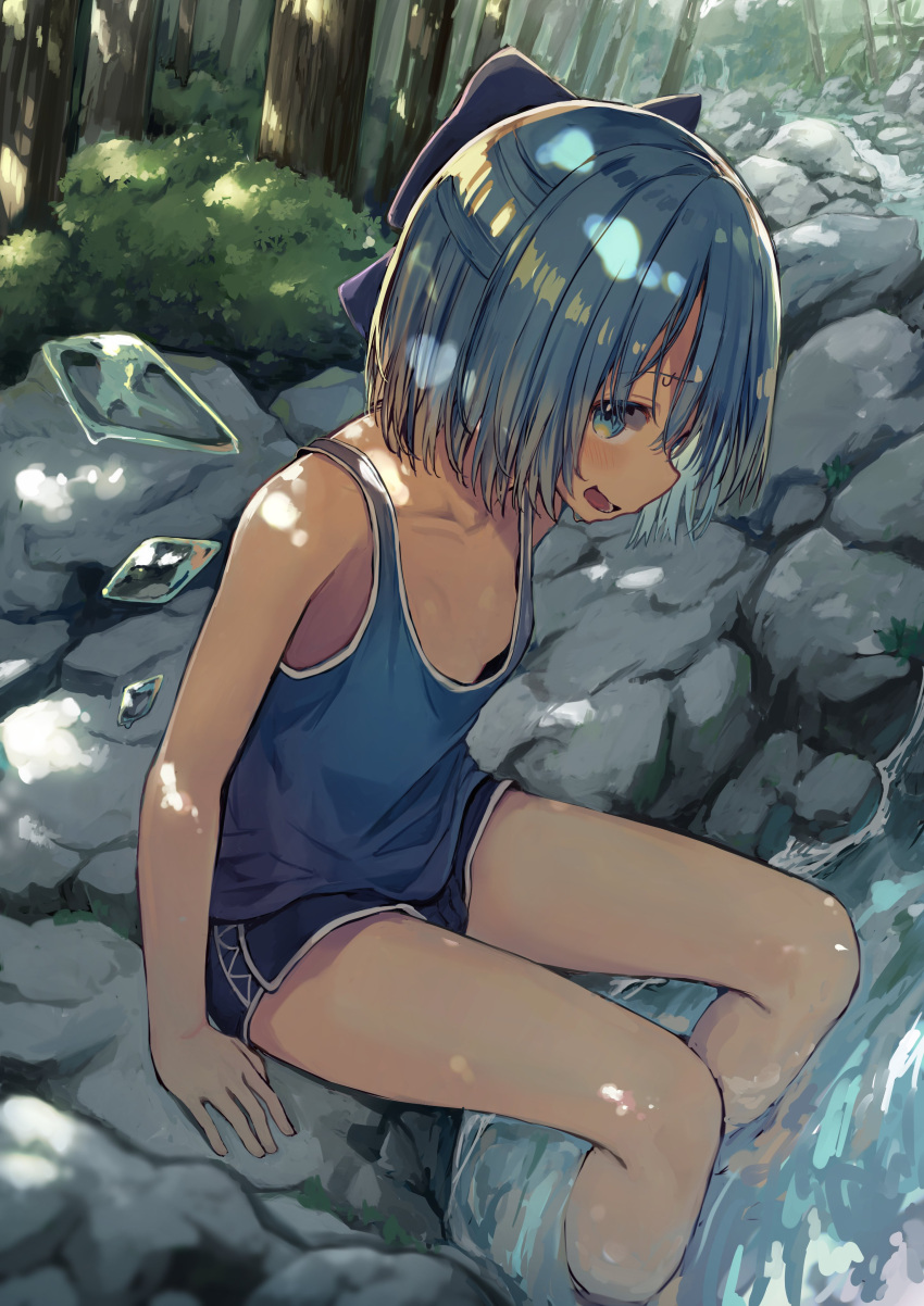 1girl absurdres alternate_costume bangs black_shorts blue_bow blue_eyes blue_hair bow breasts bush cirno contemporary eyebrows_visible_through_hair forest full_body hair_bow highres ice ice_wings looking_at_viewer mamemochi nature open_mouth outdoors partially_submerged river rock short_hair shorts sitting sleeveless small_breasts smile solo touhou tree wings