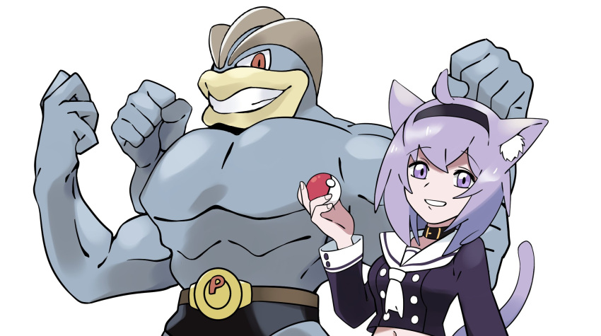 1girl animal_ear_fluff animal_ears breasts cat_ears cat_girl eyebrows_visible_through_hair gen_1_pokemon head_tilt highres holding holding_poke_ball hololive machamp medium_breasts navel nekomata_okayu parody poke_ball pokemon pokemon_(game) pokemon_xy purple_hair ronin_(zeth_total) sailor_collar short_hair smile style_parody tail virtual_youtuber