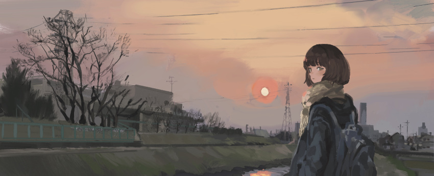 1girl absurdres backpack bag beige_scarf blue_coat brown_hair building coat commentary_request from_behind highres katakai looking_at_viewer looking_back morning original outdoors power_lines river riverbank scarf short_hair solo sun sunrise tree upper_body utility_pole
