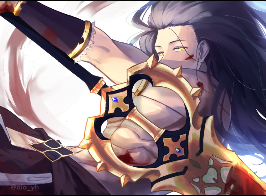 1boy black_hair blood blood_on_face bloody_hands bracelet commentary_request dark-skinned_male dark_skin fate/grand_order fate/stay_night fate_(series) heracles_(fate) highres holding holding_sword holding_weapon jewelry long_hair looking_at_viewer male_focus marmyadose_(fate) muscular muscular_male shin'ya_(yukiura) shirtless solo sword twitter_username weapon what_if yellow_eyes