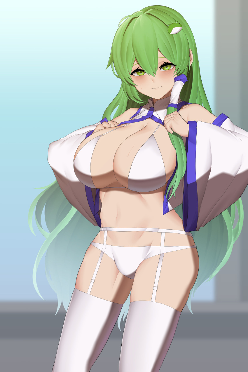 1girl absurdres bare_shoulders bikini blue_background blush bobby36446329 breasts closed_mouth clothes_lift detached_sleeves eyebrows_behind_hair feet_out_of_frame frog_hair_ornament garter_belt green_eyes green_hair hair_between_eyes hair_ornament hair_tubes highres kochiya_sanae large_breasts long_hair looking_at_viewer navel shirt_lift simple_background solo standing sweat swimsuit thigh-highs touhou very_long_hair white_bikini white_legwear