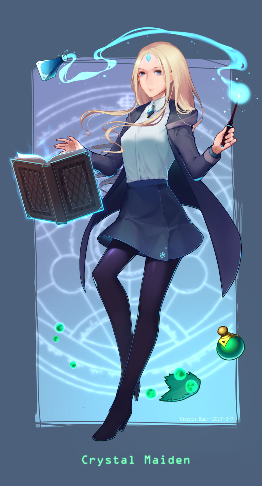 1girl blonde_hair blue_eyes blue_jacket blue_skirt book border closed_mouth crystal_maiden defense_of_the_ancients dota_2 floating forehead full_body gem highres holding holding_wand jacket leaf leggings long_hair long_sleeves looking_at_viewer magical_girl polo_shirt potion qianhui school_uniform shirt skirt solo wand white_shirt
